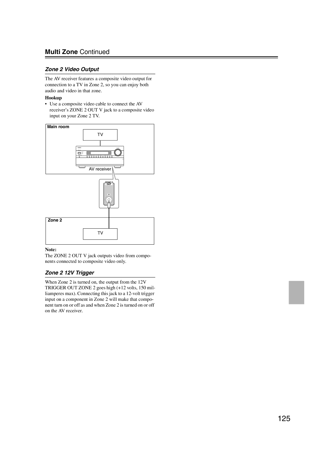 Onkyo TX-NR1007 instruction manual 125, Zone 2 Video Output, Zone 2 12V Trigger 