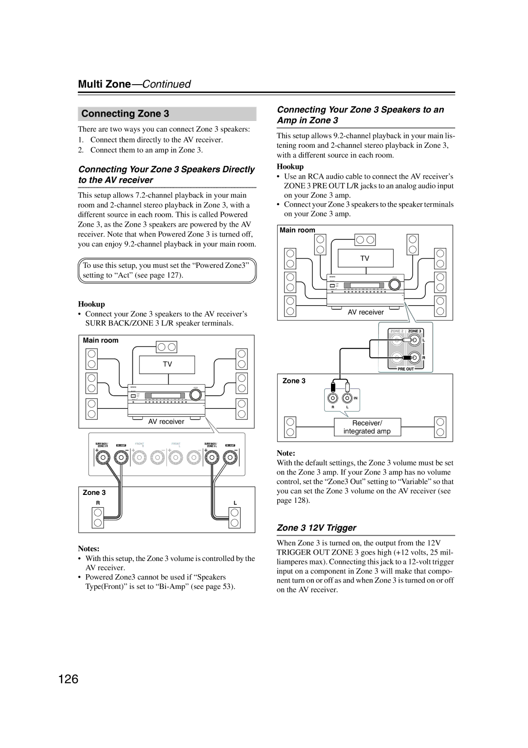 Onkyo TX-NR1007 instruction manual 126, Connecting Your Zone 3 Speakers Directly to the AV receiver, Zone 3 12V Trigger 