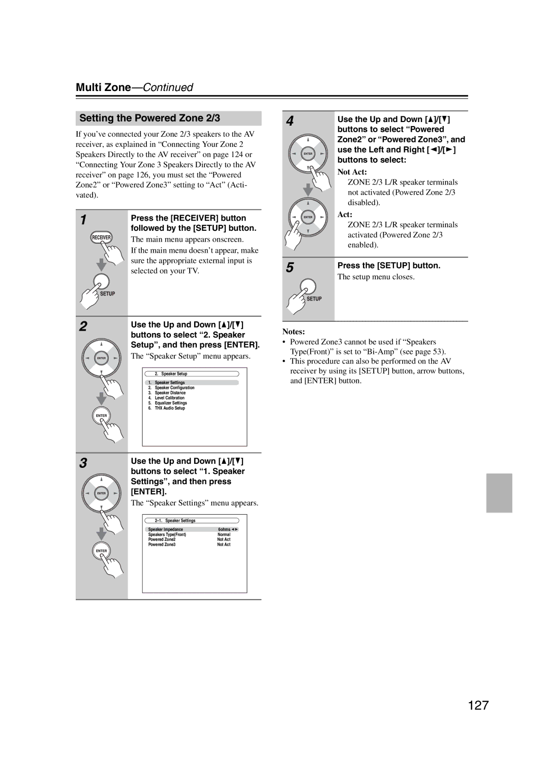 Onkyo TX-NR1007 instruction manual 127, Setting the Powered Zone 2/3, Not Act 