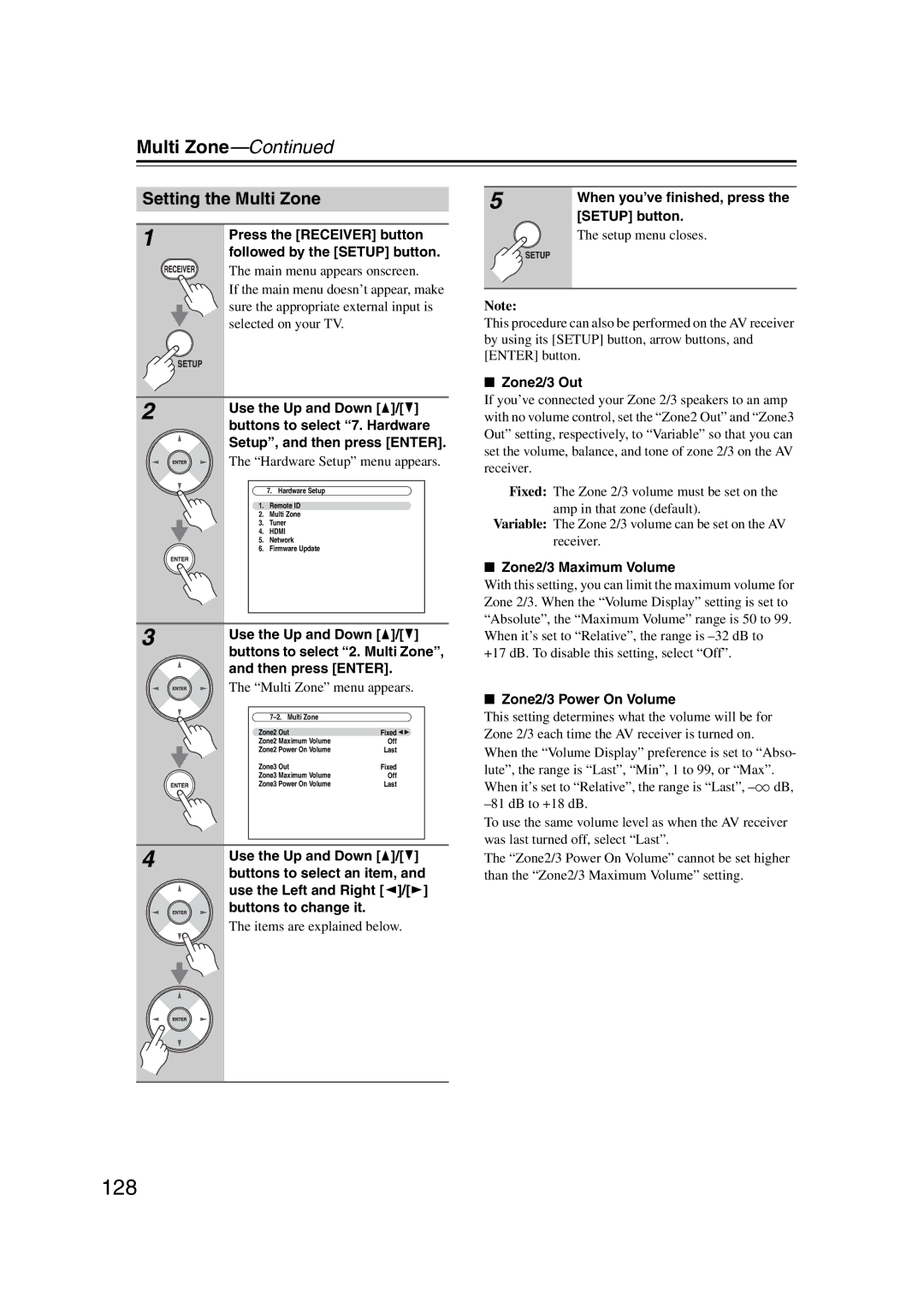 Onkyo TX-NR1007 instruction manual 128, Setting the Multi Zone 