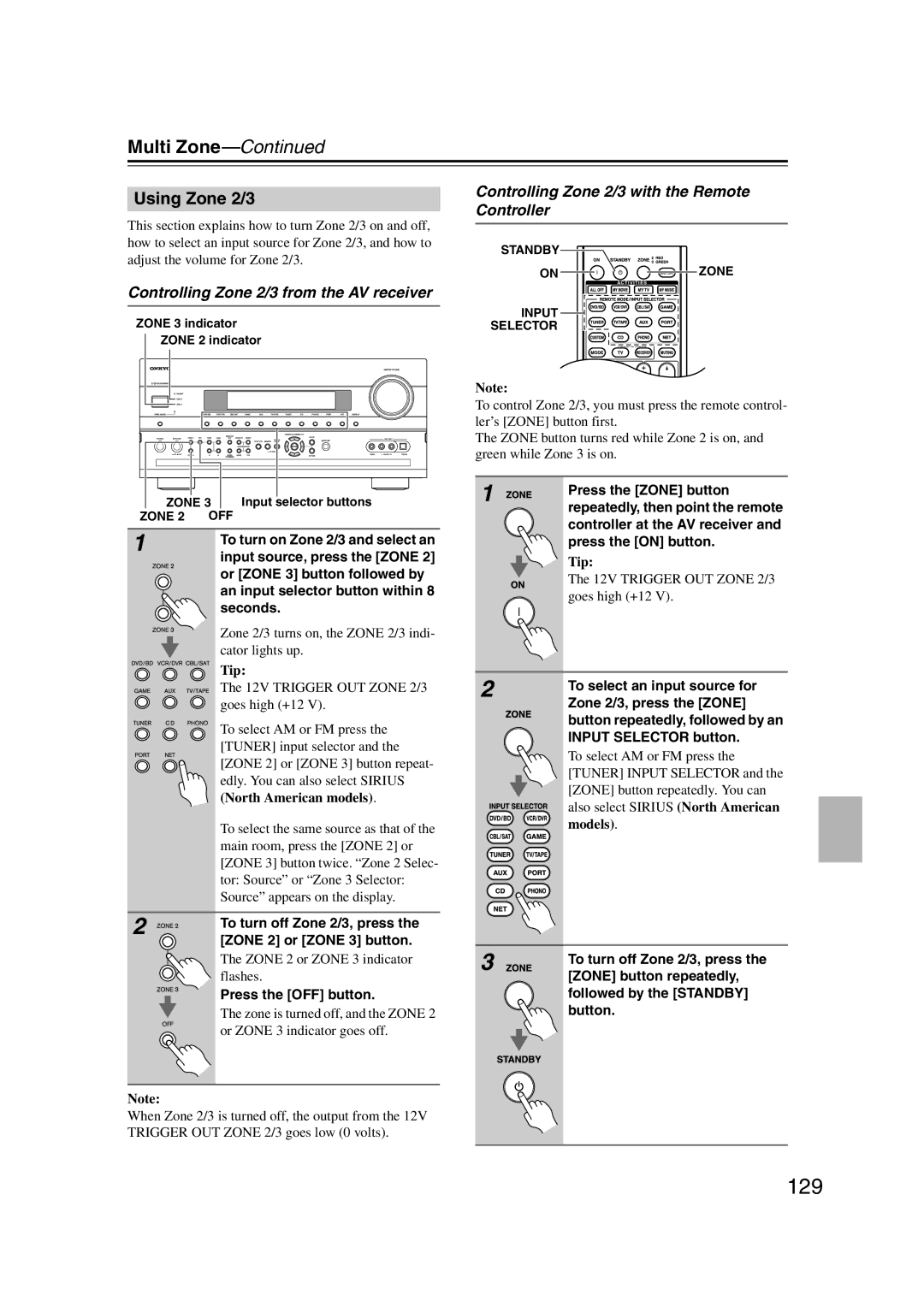 Onkyo TX-NR1007 instruction manual 129, Using Zone 2/3, Controlling Zone 2/3 from the AV receiver 