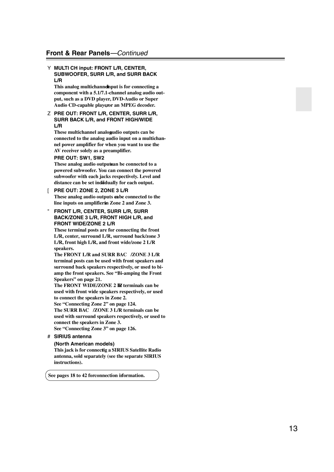 Onkyo TX-NR1007 instruction manual PRE OUT Zone 2, Zone 3 L/R, Sirius antenna North American models 