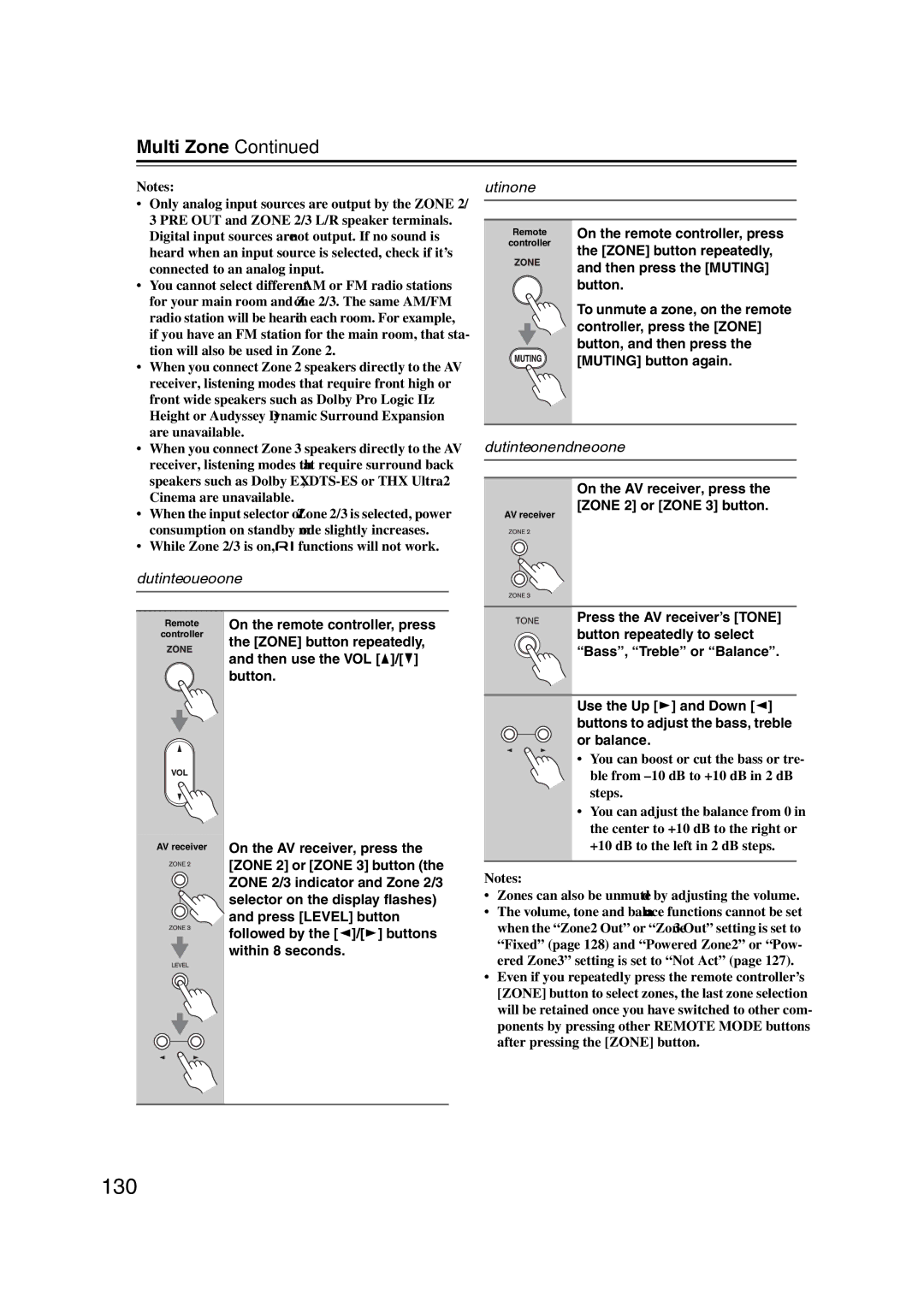Onkyo TX-NR1007 130, Adjusting the Volume for Zones, Muting Zones, Adjusting the Tone and Balance of Zones 