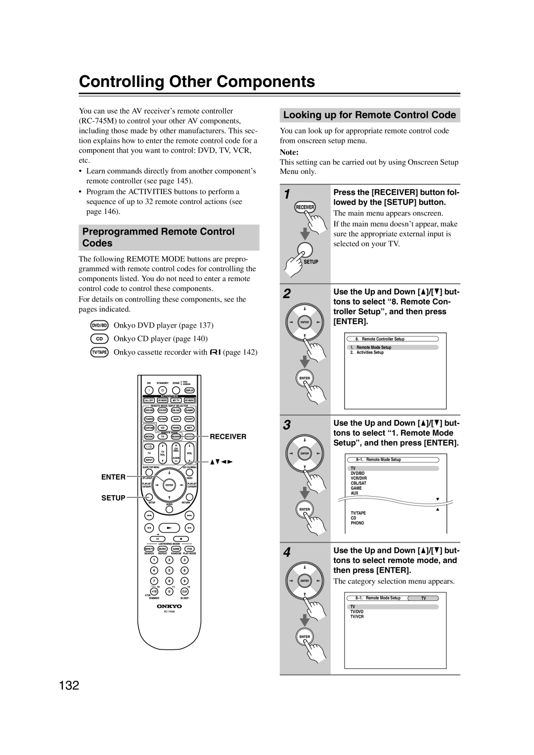 Onkyo TX-NR1007 Controlling Other Components, 132, Preprogrammed Remote Control Codes, Looking up for Remote Control Code 