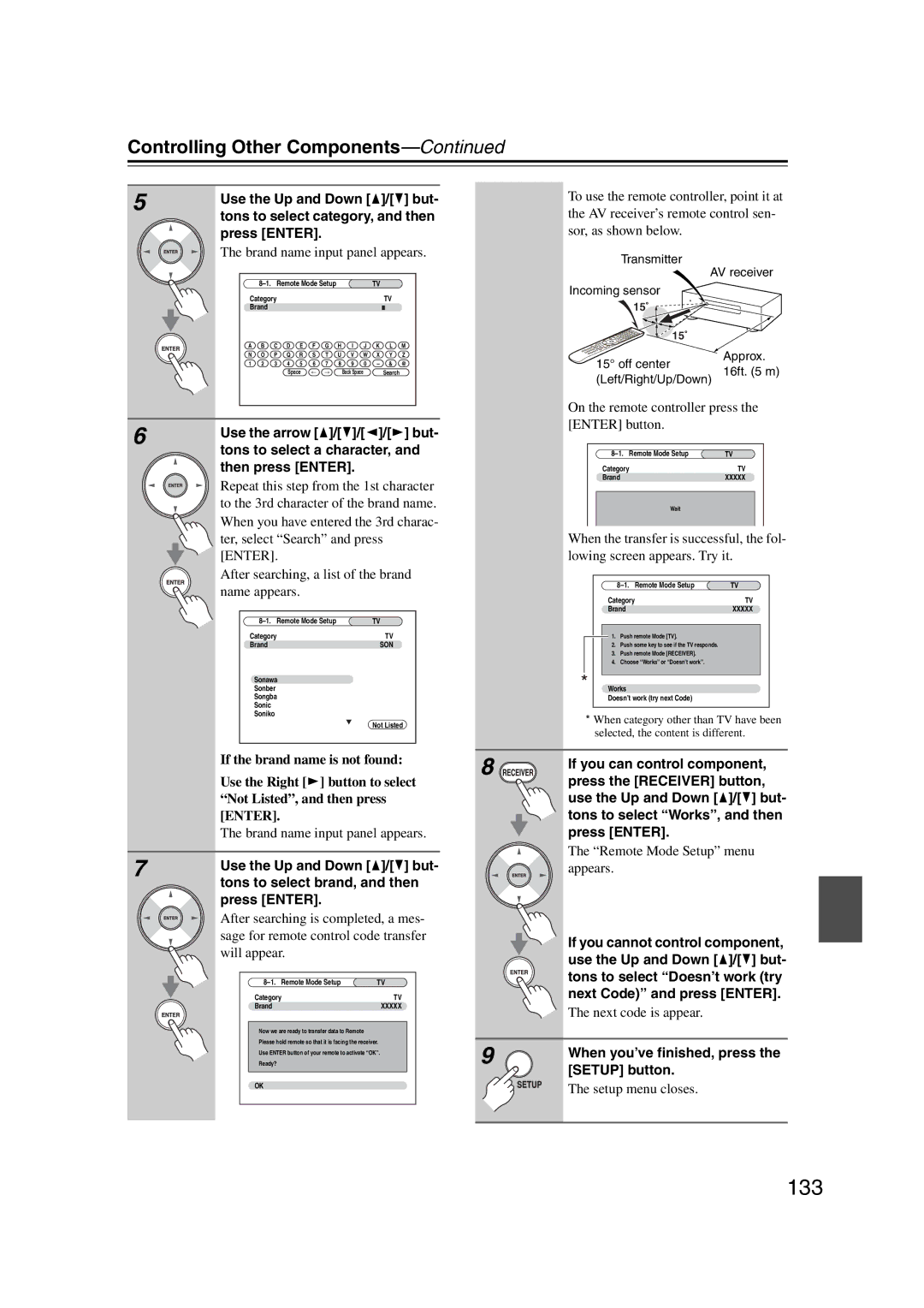 Onkyo TX-NR1007 133, Controlling Other Components, If you can control component, Tons to select Works, and then 