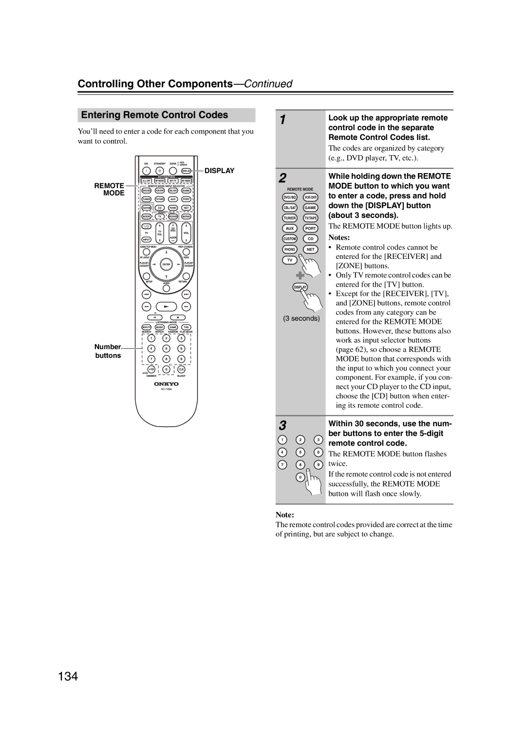 Onkyo TX-NR1007 instruction manual 134, Entering Remote Control Codes 