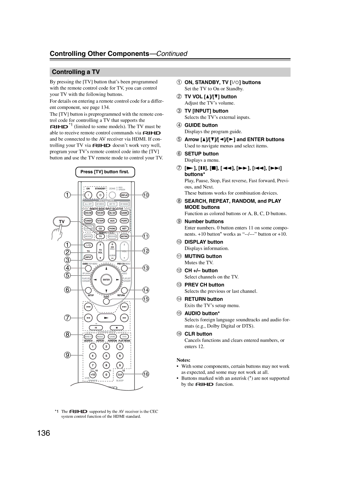 Onkyo TX-NR1007 instruction manual 136, Controlling a TV 