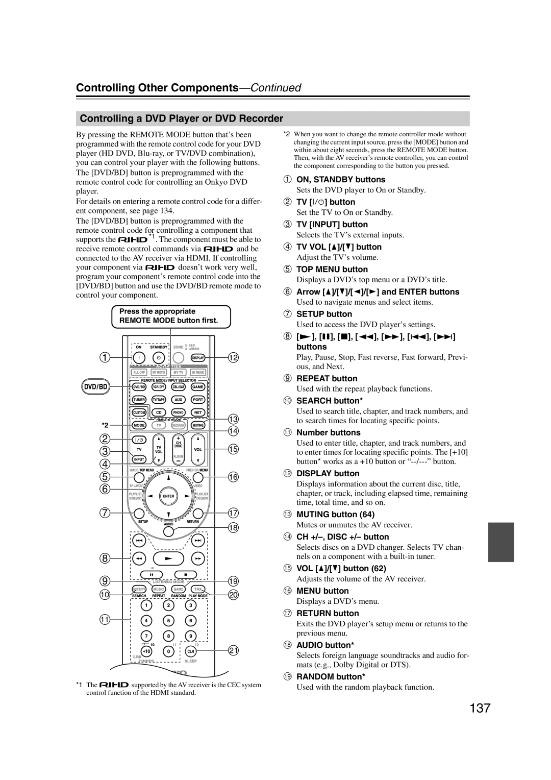 Onkyo TX-NR1007 instruction manual 137, Controlling a DVD Player or DVD Recorder 