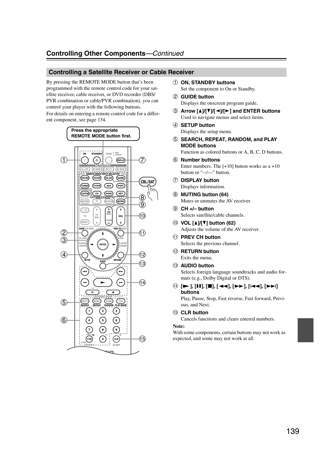 Onkyo TX-NR1007 instruction manual 139, Controlling a Satellite Receiver or Cable Receiver 