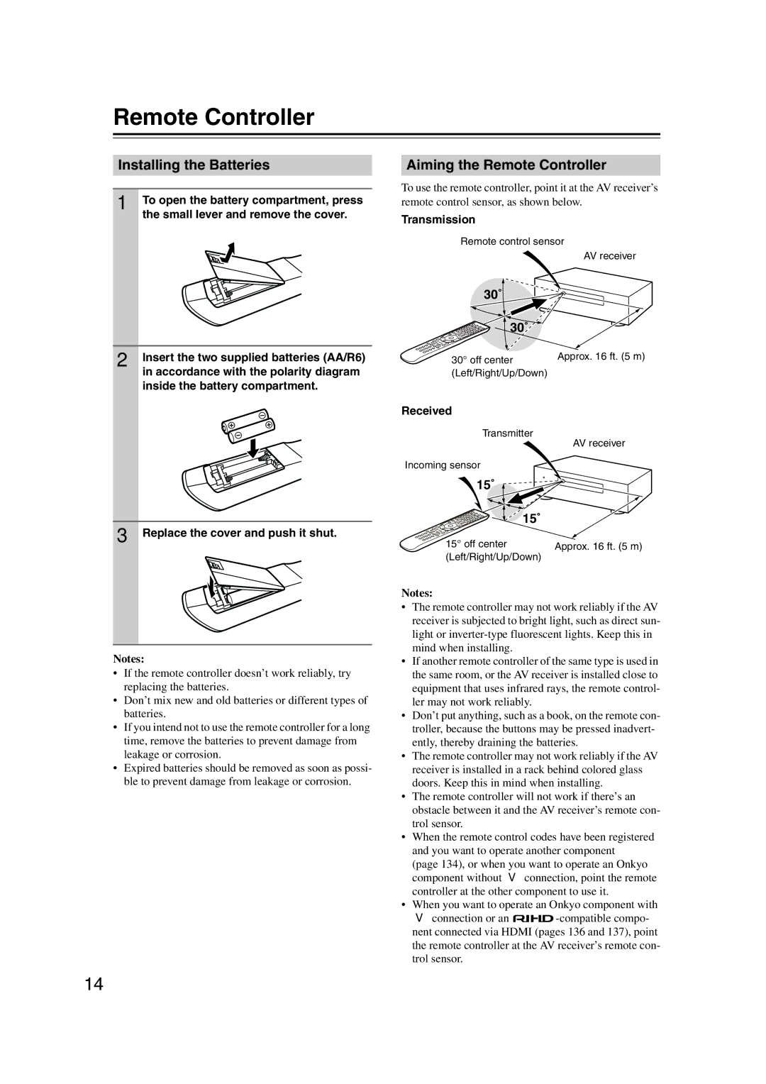 Onkyo TX-NR1007 instruction manual Installing the Batteries, Aiming the Remote Controller, Transmission, Received 