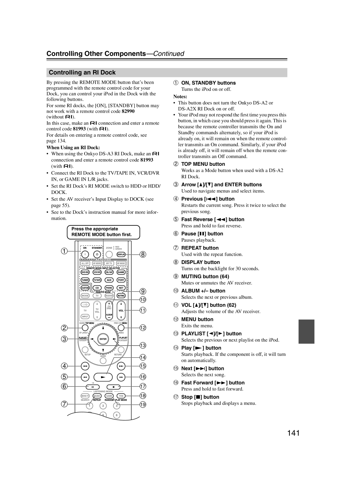 Onkyo TX-NR1007 instruction manual 141, Controlling an RI Dock, When Using an RI Dock, Playlist e/r button 