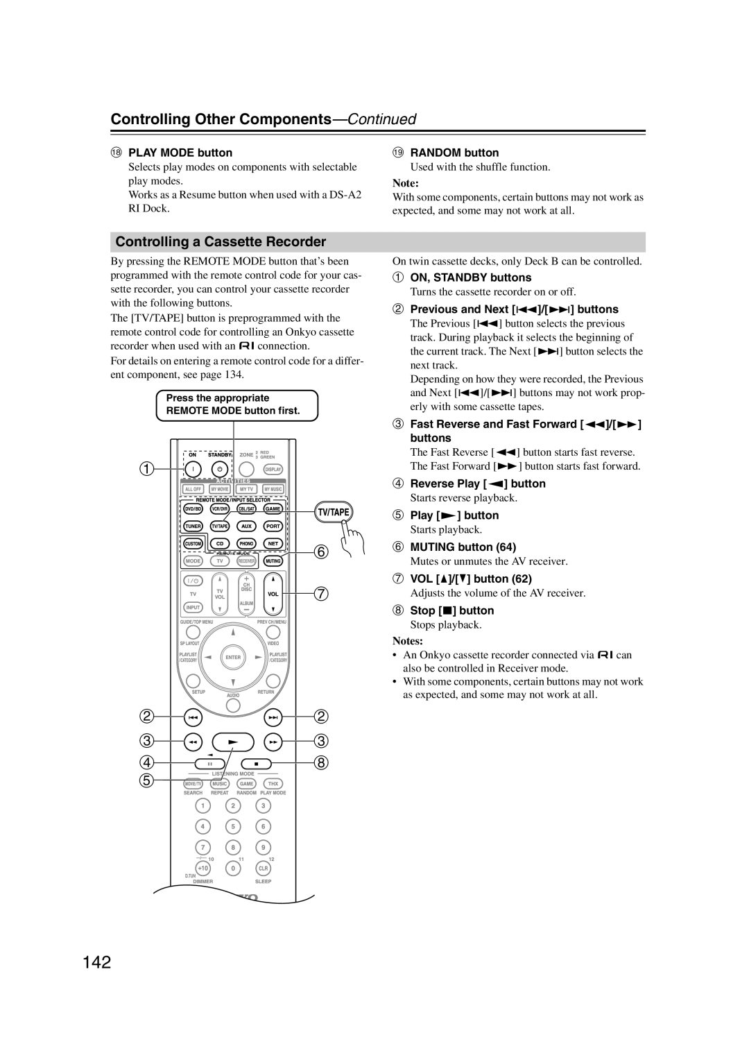 Onkyo TX-NR1007 142, Controlling a Cassette Recorder, Previous and Next 7/6 buttons, Reverse Play t button 