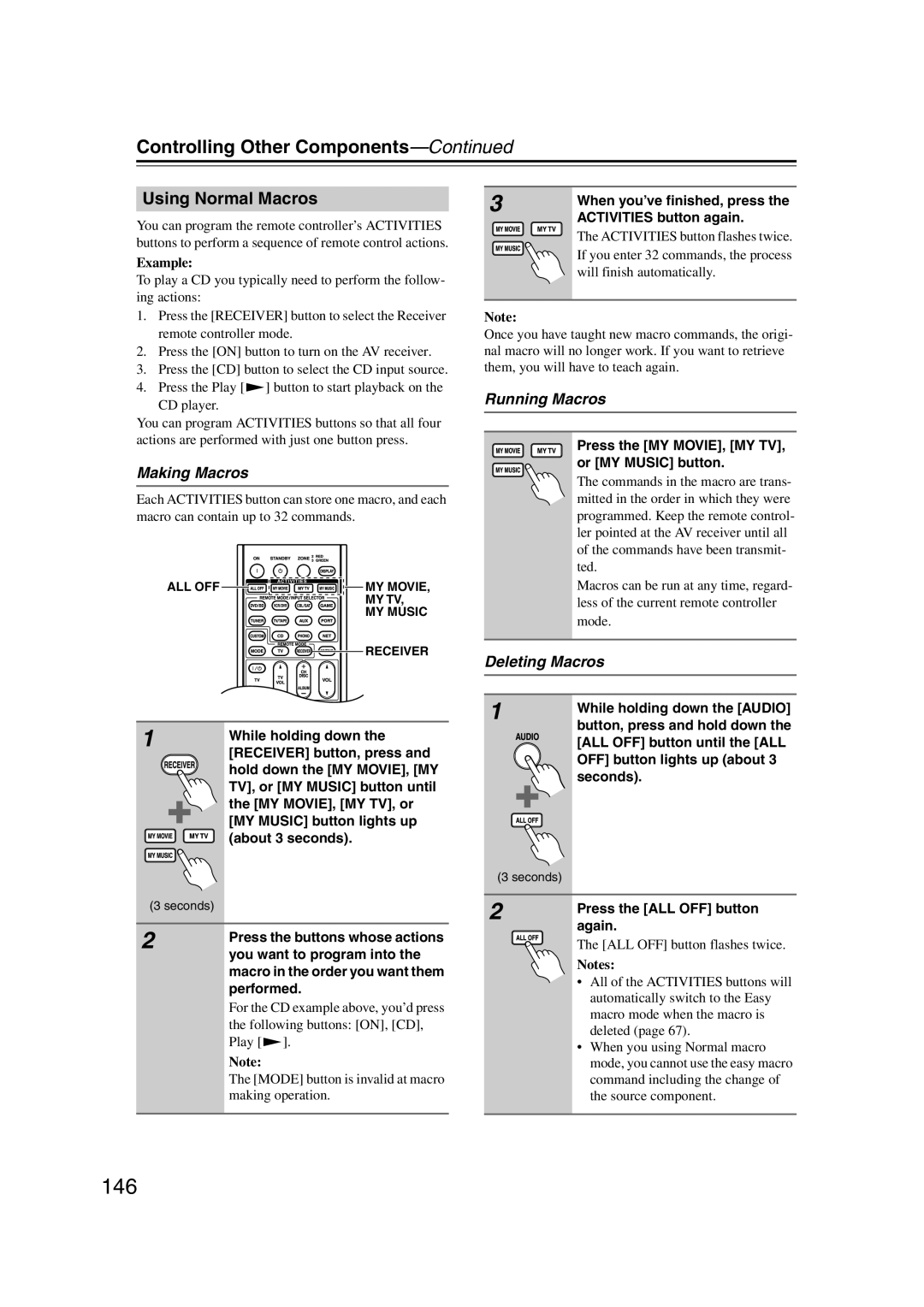 Onkyo TX-NR1007 instruction manual 146, Using Normal Macros, Making Macros, Running Macros, Deleting Macros 