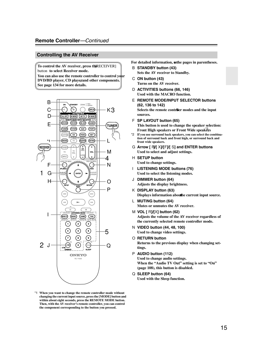 Onkyo TX-NR1007 On button, Remote MODE/INPUT Selector buttons, 62, 136 to, SP Layout button, VOL q/w button, Audio button 