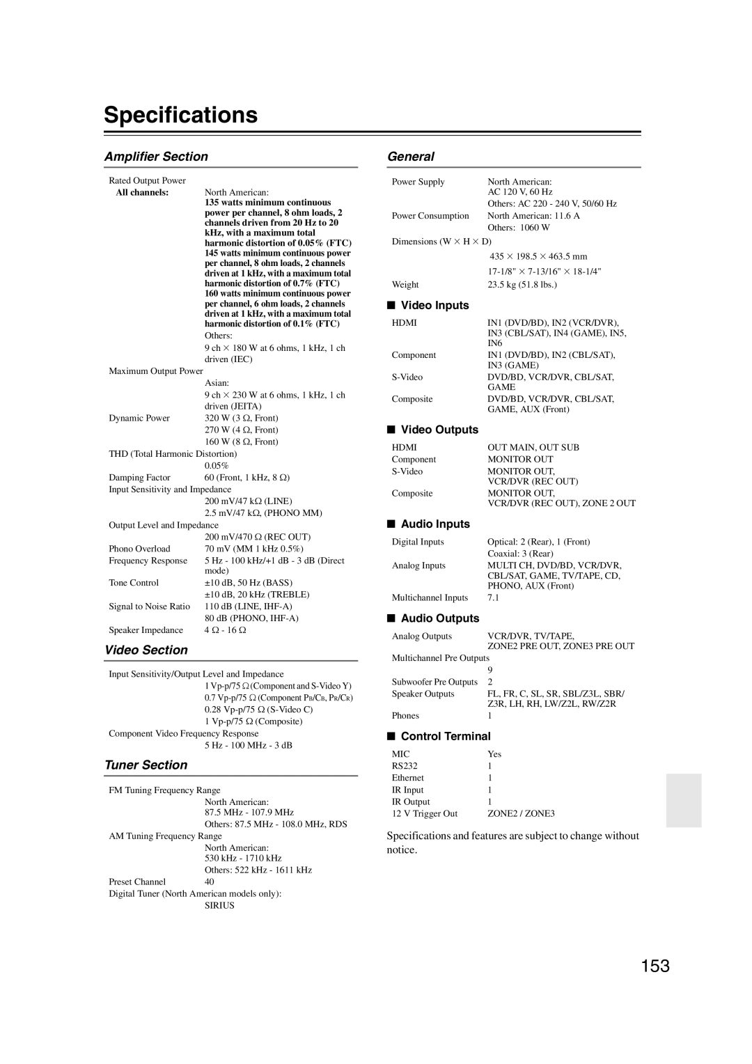 Onkyo TX-NR1007 instruction manual Specifications, 153 