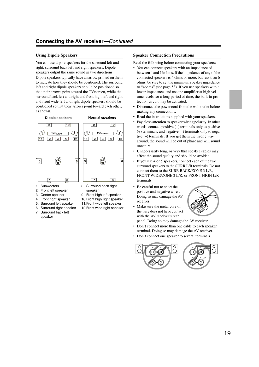 Onkyo TX-NR1007 instruction manual Connecting the AV receiver, Using Dipole Speakers, Speaker Connection Precautions 