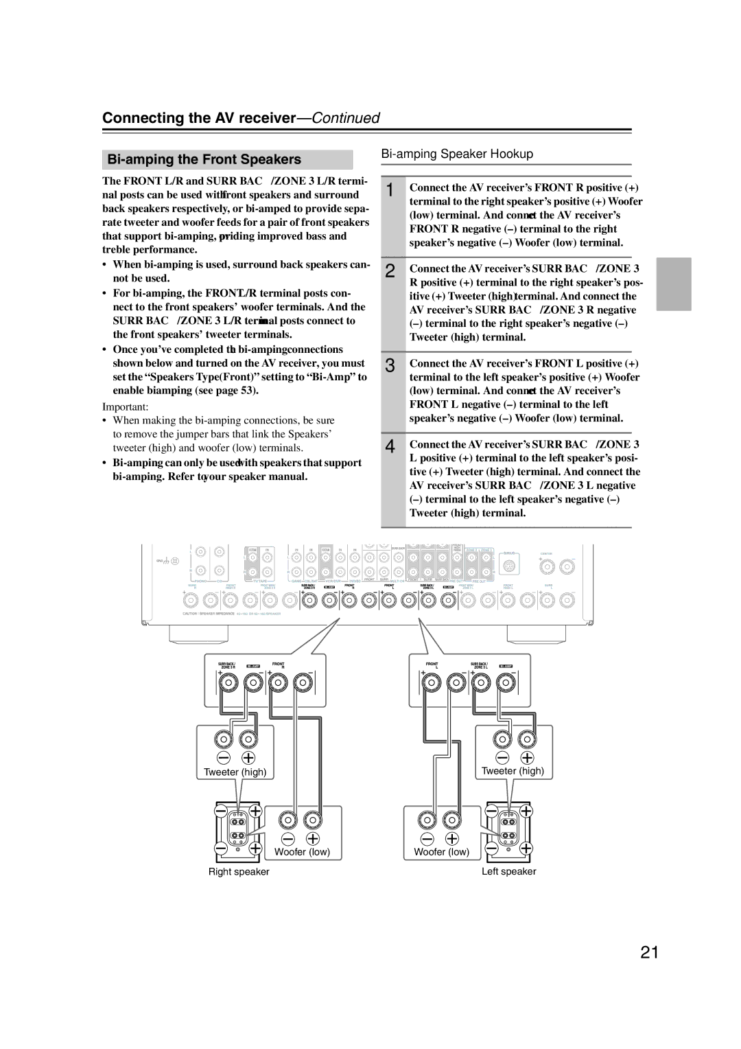 Onkyo TX-NR1007 instruction manual Bi-amping the Front Speakers, Bi-amping Speaker Hookup 