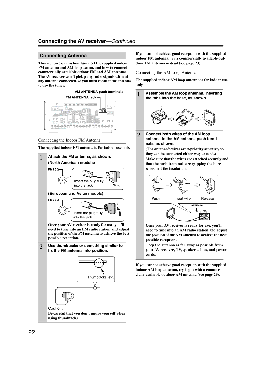 Onkyo TX-NR1007 instruction manual Connecting Antenna, Connecting the Indoor FM Antenna, Connecting the AM Loop Antenna 