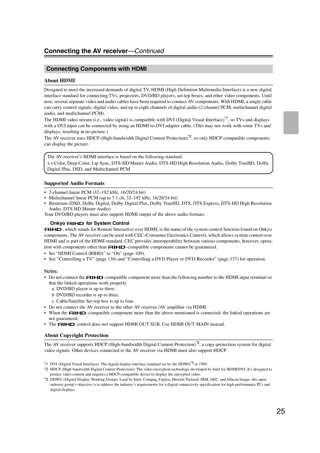 Onkyo TX-NR1007 Connecting Components with Hdmi, About Hdmi, Supported Audio Formats, About Copyright Protection 