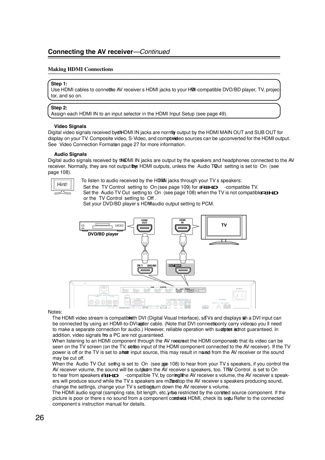 Onkyo TX-NR1007 instruction manual Making Hdmi Connections, Step, Video Signals, Audio Signals, Hint 