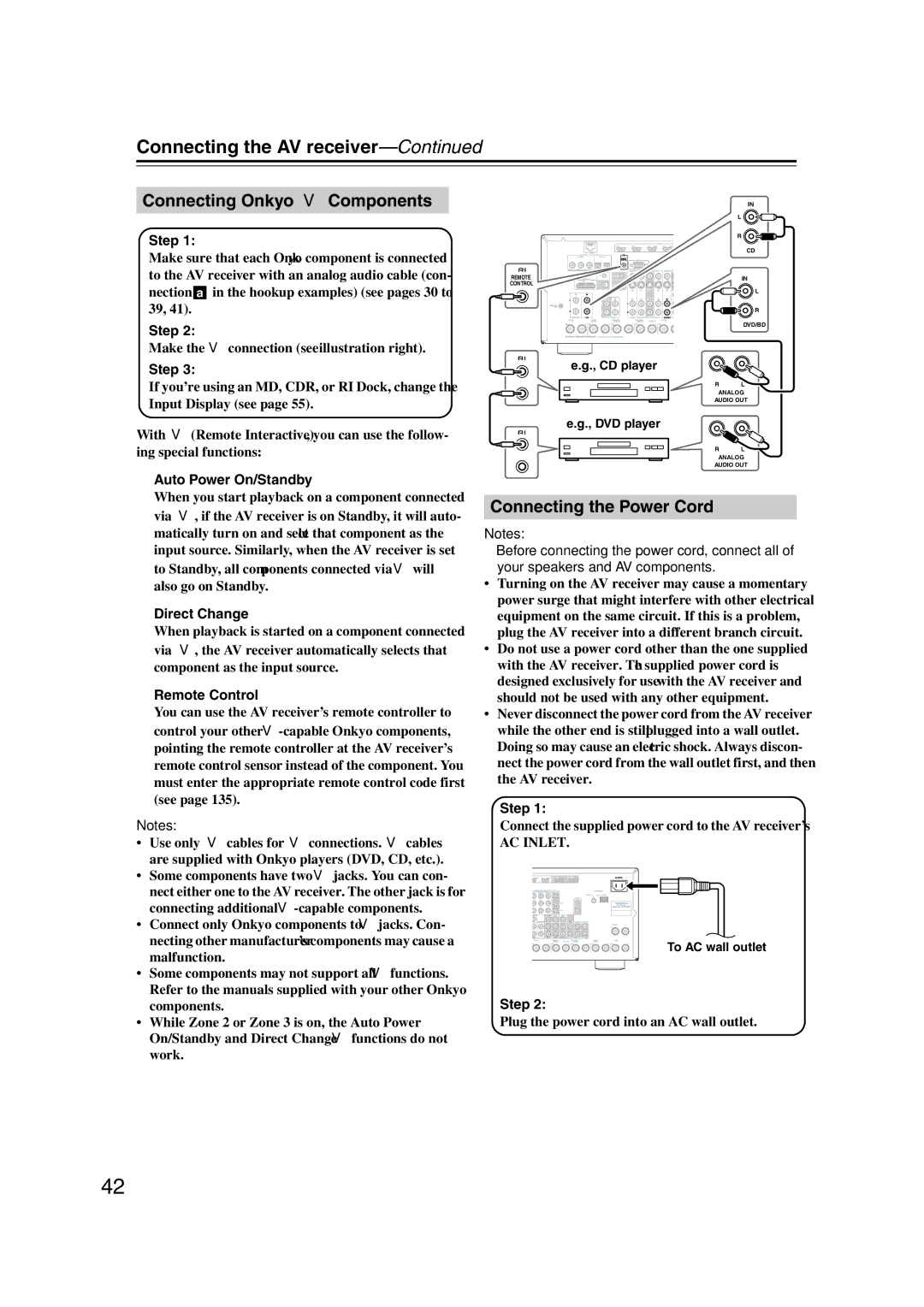 Onkyo TX-NR1007 Connecting Onkyo u Components, Connecting the Power Cord, Auto Power On/Standby, Direct Change 