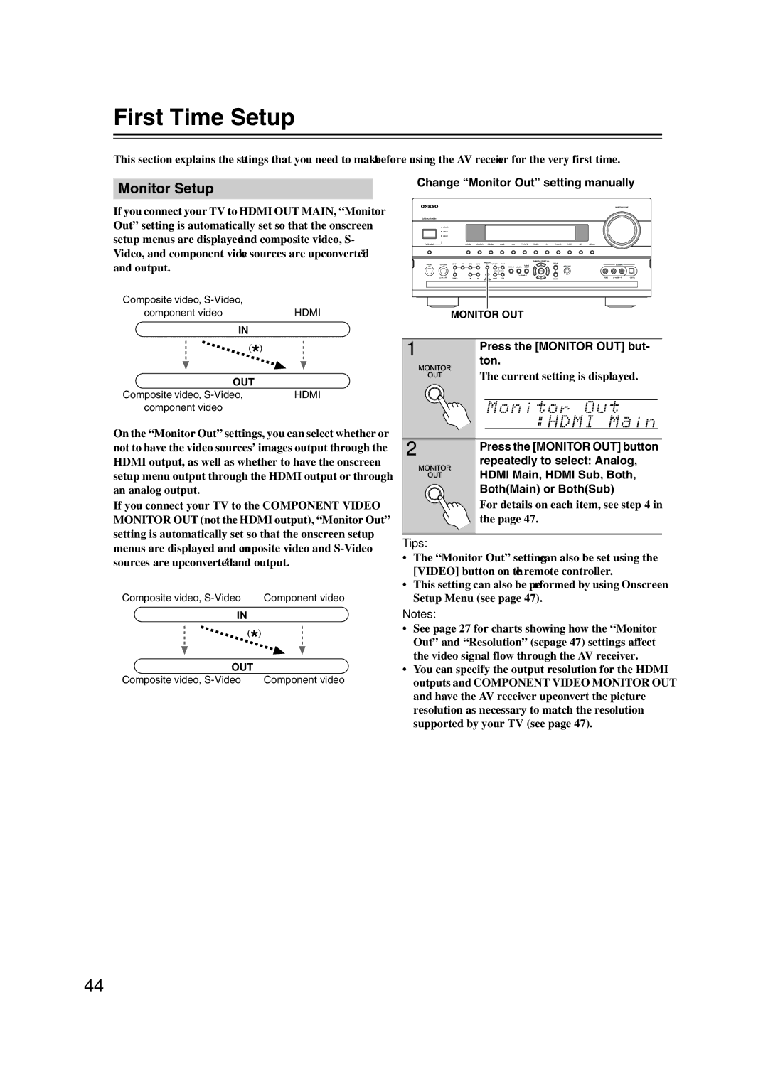 Onkyo TX-NR1007 instruction manual First Time Setup, Monitor Setup 