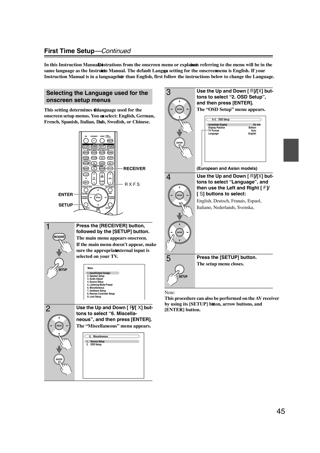 Onkyo TX-NR1007 instruction manual First Time Setup, Selecting the Language used for the onscreen setup menus 