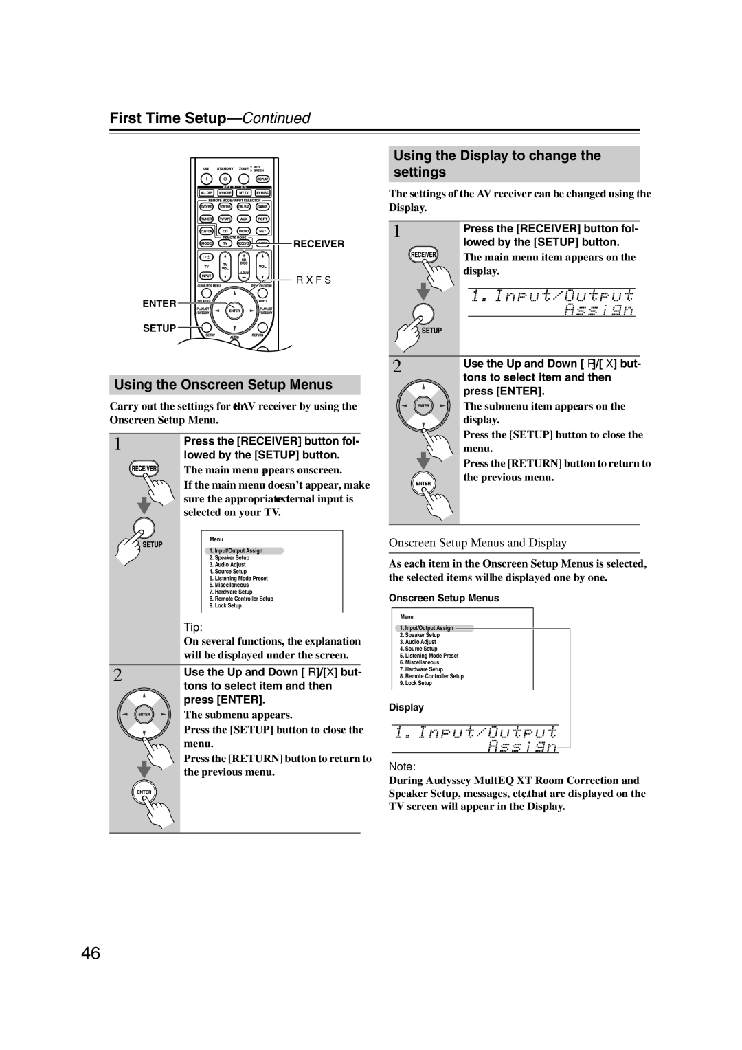 Onkyo TX-NR1007 Using the Onscreen Setup Menus, Using the Display to change the settings, Onscreen Setup Menus and Display 