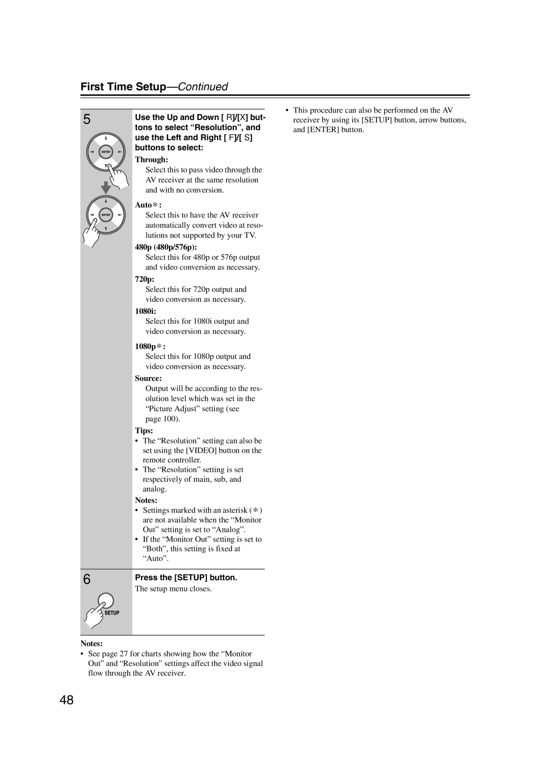 Onkyo TX-NR1007 instruction manual Through, Auto, 480p 480p/576p, 720p, 1080i, 1080p, Source 