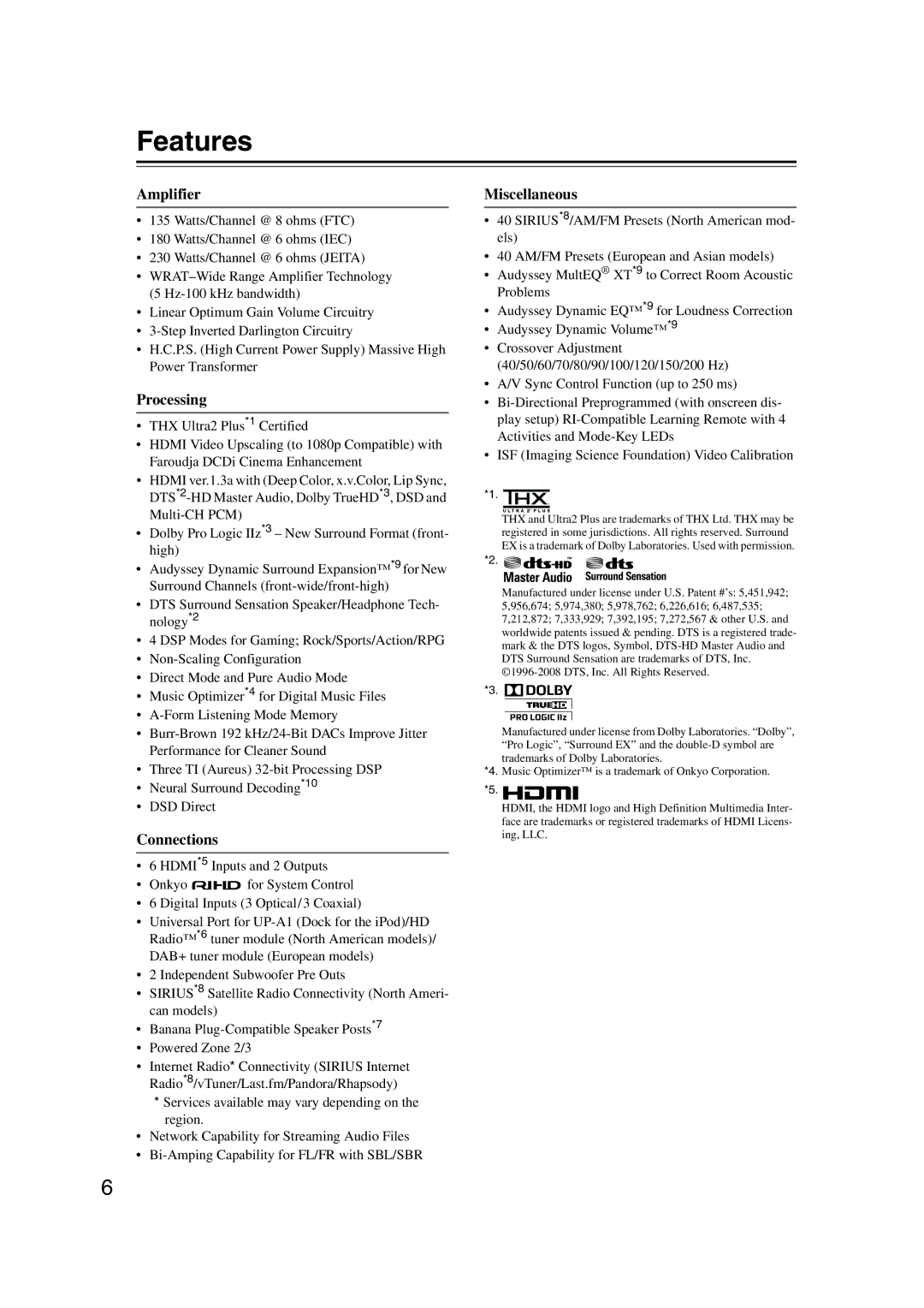 Onkyo TX-NR1007 instruction manual Features, Amplifier, Processing, Connections, Miscellaneous 