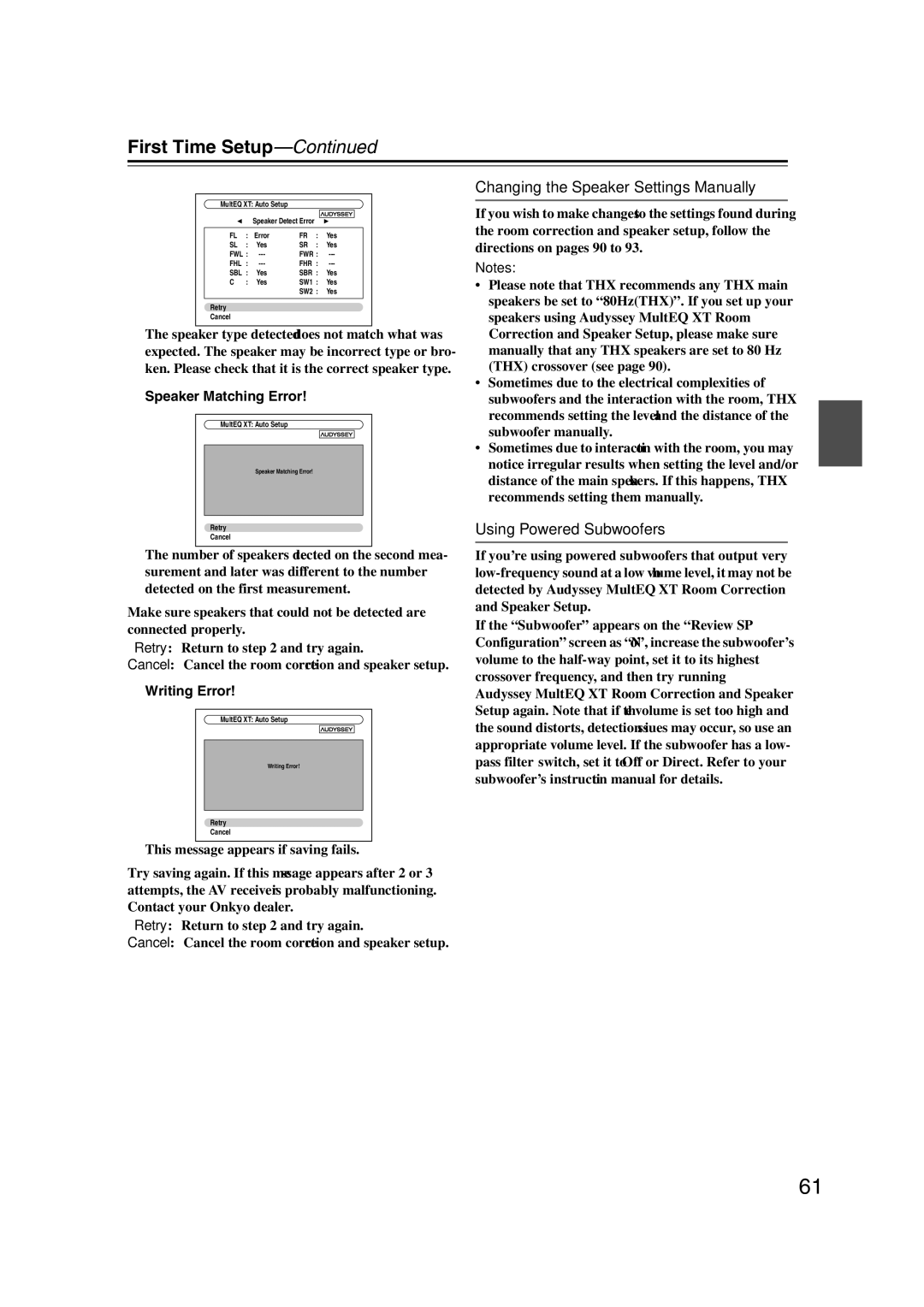 Onkyo TX-NR1007 Changing the Speaker Settings Manually, Using Powered Subwoofers, Speaker Matching Error, Writing Error 