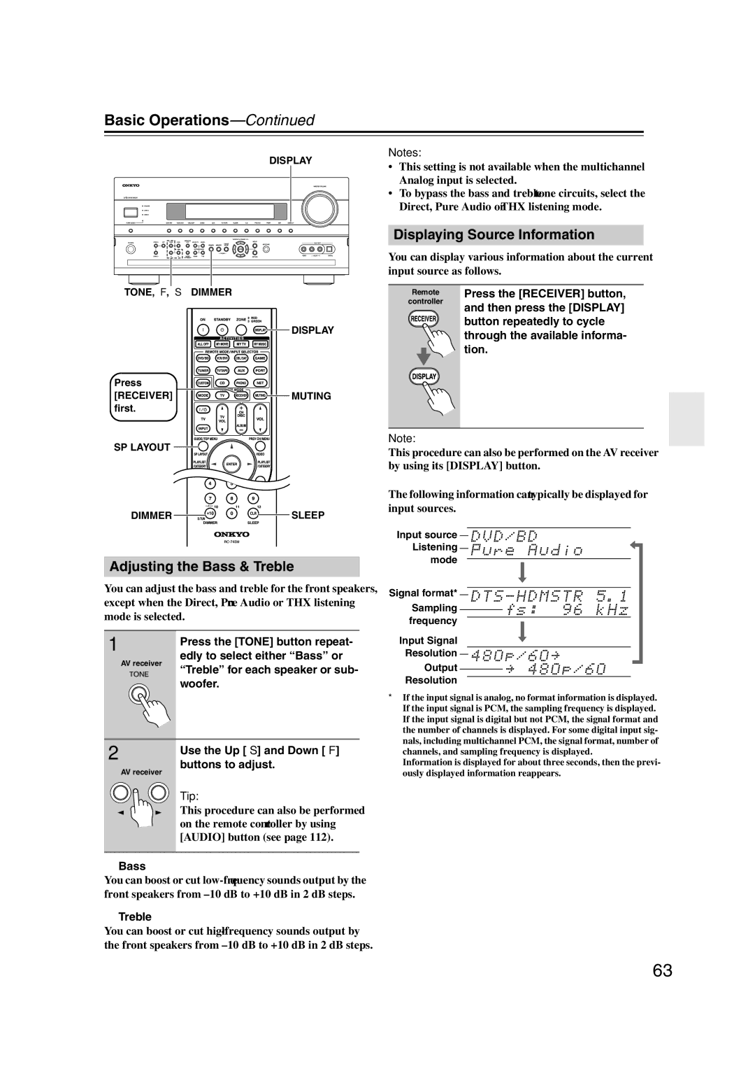 Onkyo TX-NR1007 instruction manual Basic Operations, Adjusting the Bass & Treble, Displaying Source Information 