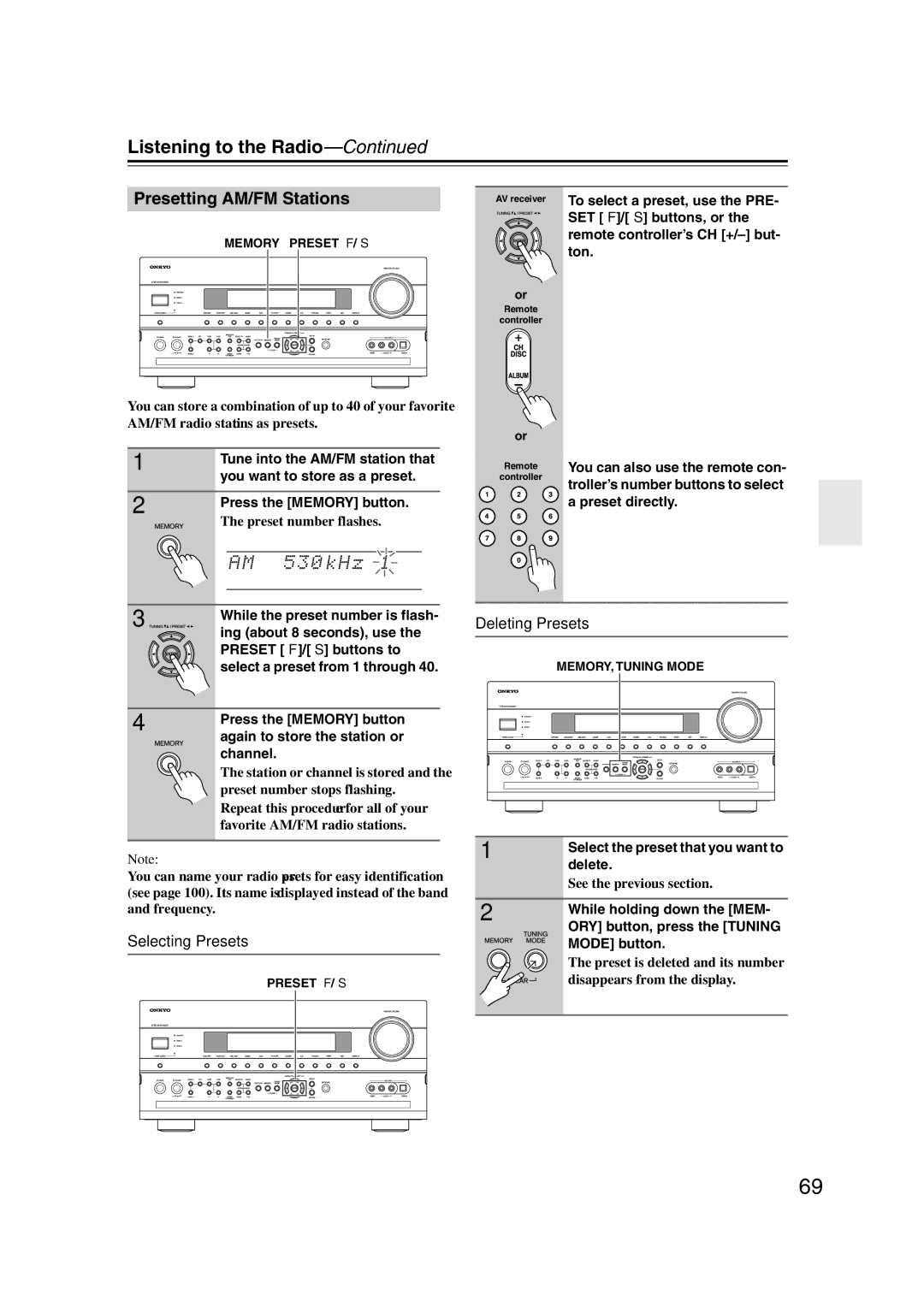 Onkyo TX-NR1007 instruction manual Listening to the Radio, Presetting AM/FM Stations, Selecting Presets, Deleting Presets 