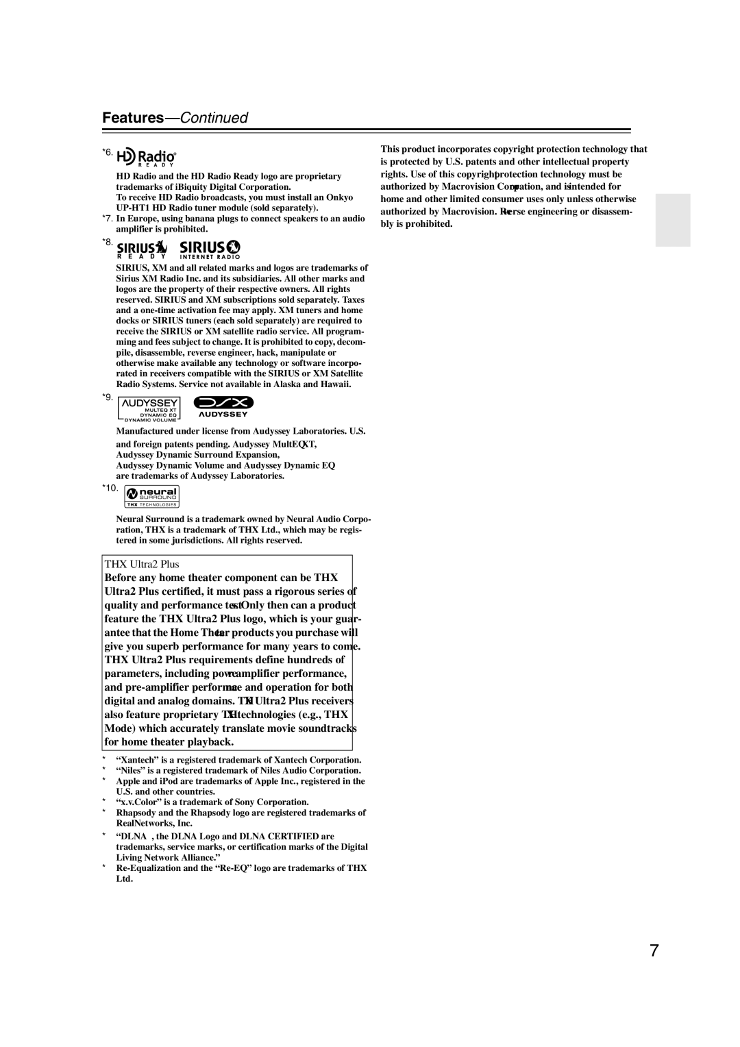 Onkyo TX-NR1007 instruction manual Features, THX Ultra2 Plus 