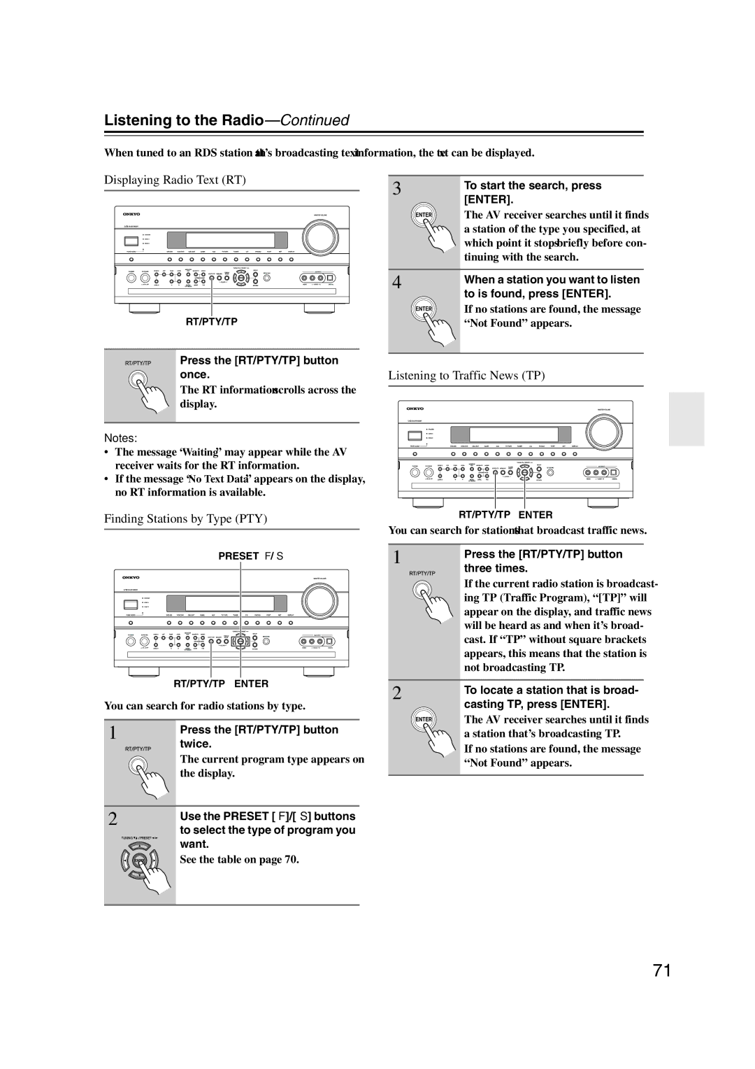 Onkyo TX-NR1007 instruction manual Displaying Radio Text RT, Listening to Traffic News TP, Finding Stations by Type PTY 