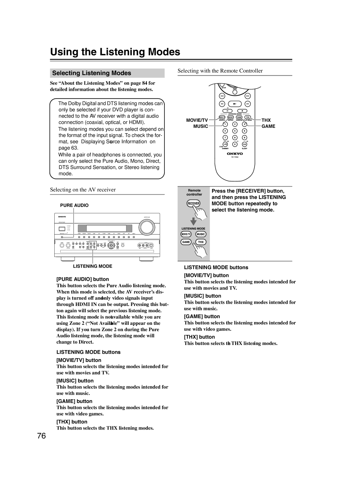 Onkyo TX-NR1007 instruction manual Using the Listening Modes, Selecting Listening Modes, Selecting on the AV receiver 