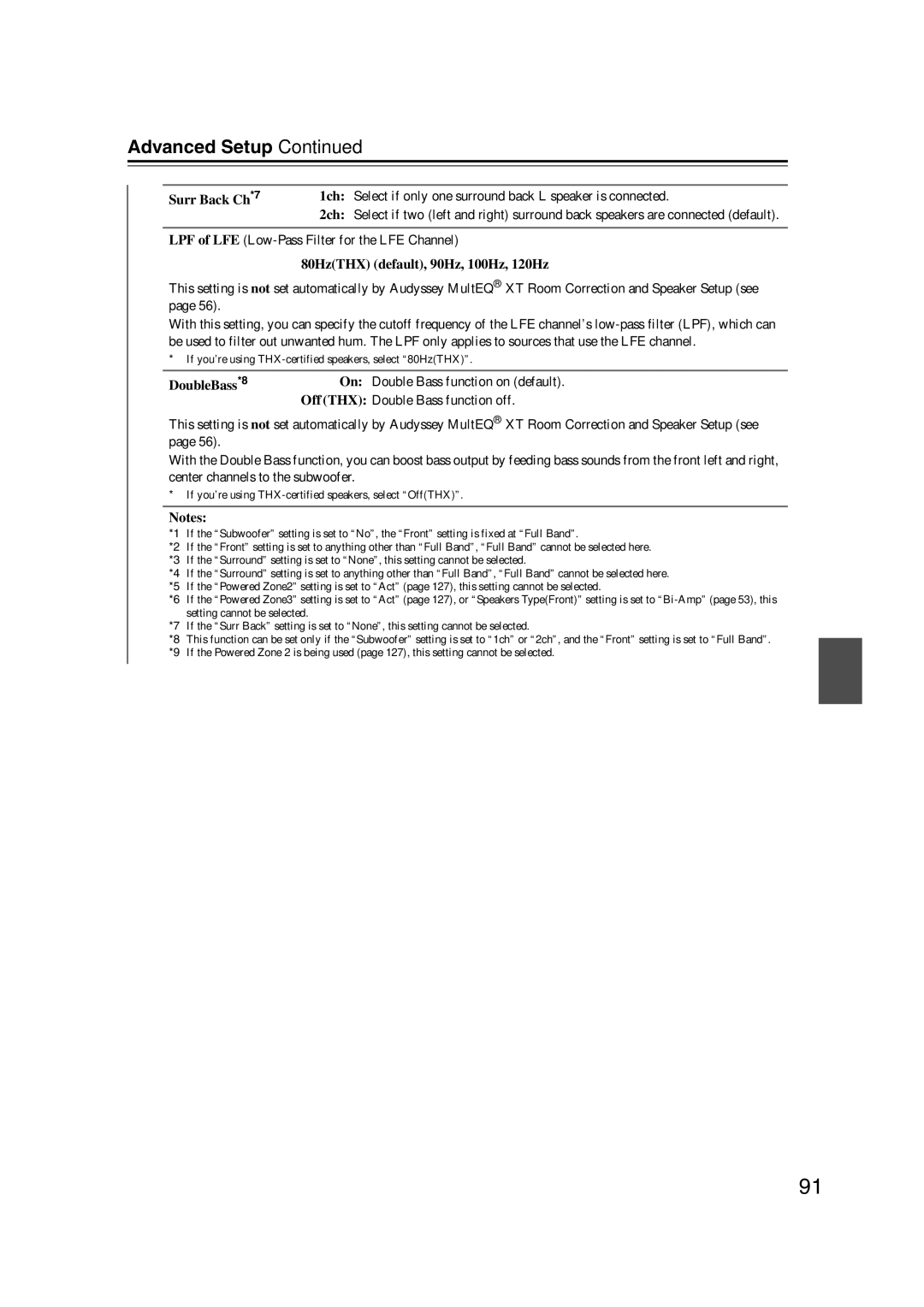 Onkyo TX-NR1007 instruction manual LPF of LFE Low-Pass Filter for the LFE Channel, 80HzTHX default, 90Hz, 100Hz, 120Hz 