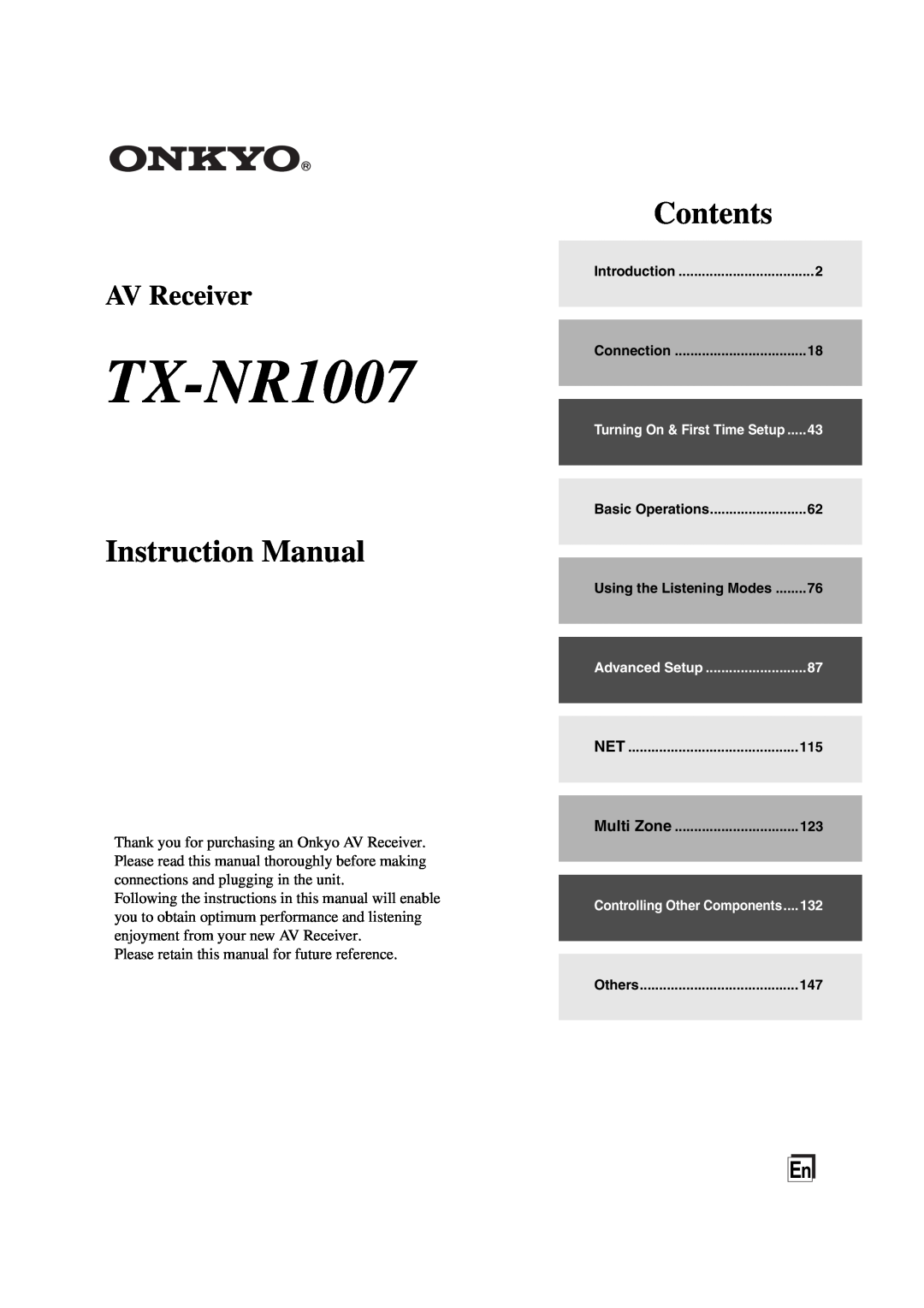 Onkyo TX-NR1007 instruction manual Instruction Manual, Contents, AV Receiver 