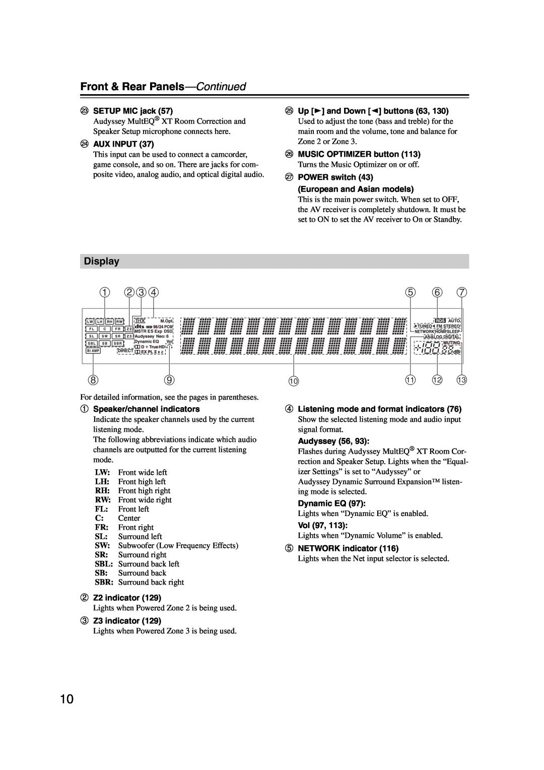 Onkyo TX-NR1007 instruction manual a bcd, e f g, jk l m, Display, Front & Rear Panels—Continued 