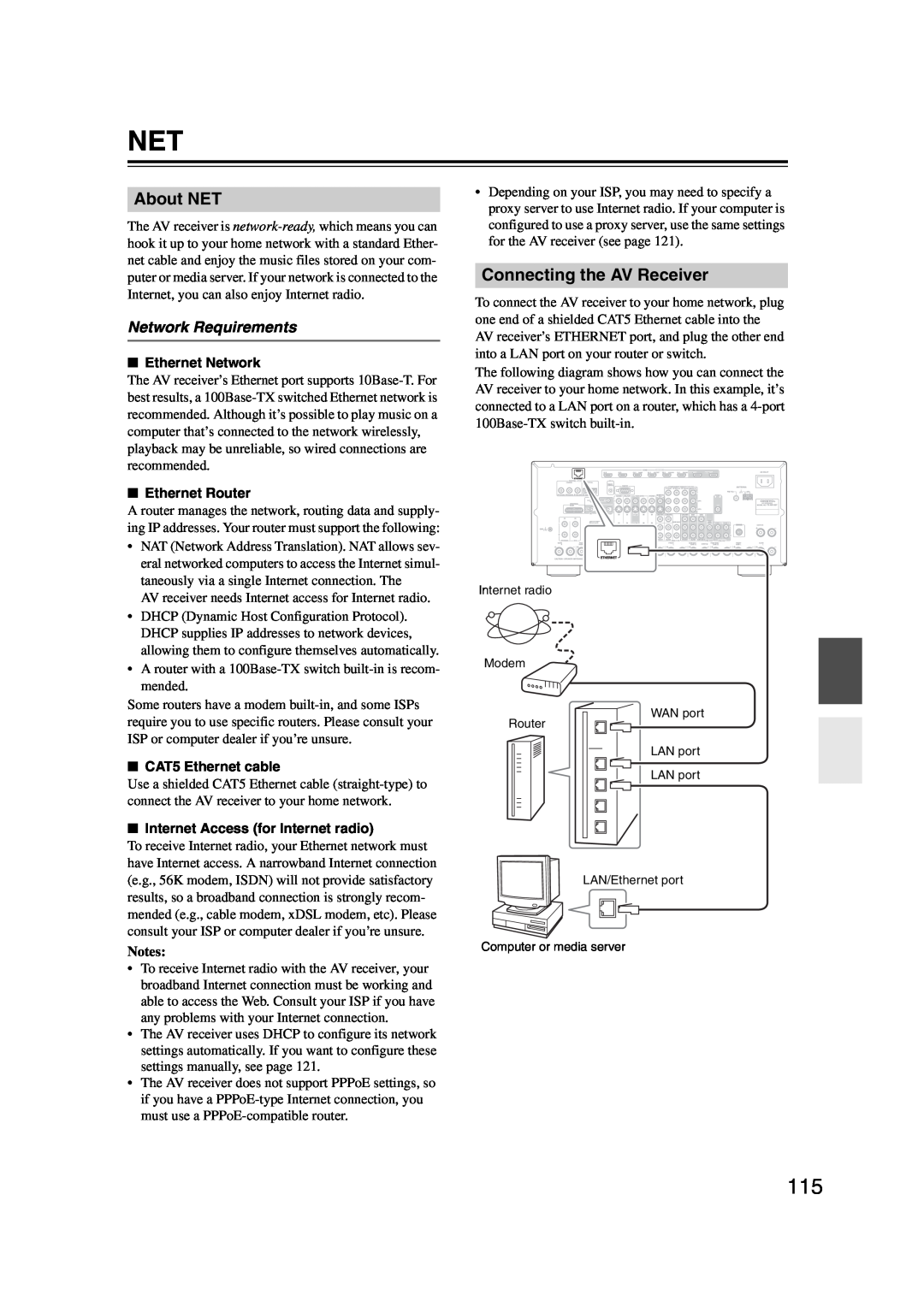Onkyo TX-NR1007 instruction manual About NET, Connecting the AV Receiver, Network Requirements, Notes 