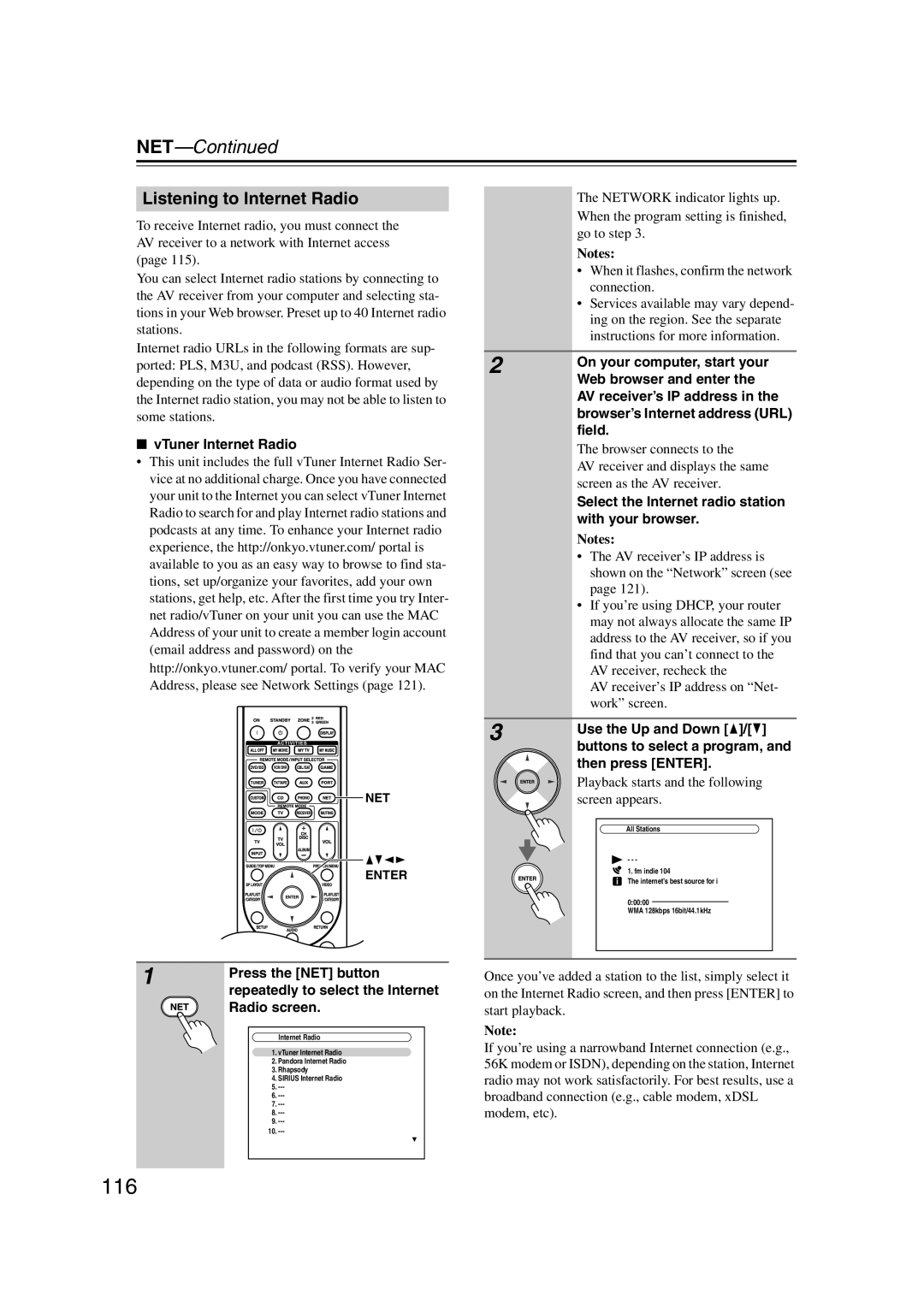 Onkyo TX-NR1007 instruction manual NET—Continued, Listening to Internet Radio, Notes 