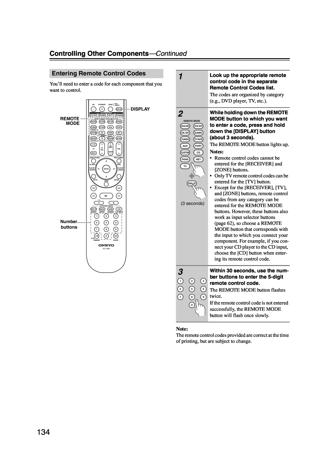 Onkyo TX-NR1007 Entering Remote Control Codes, Controlling Other Components—Continued, The codes are organized by category 