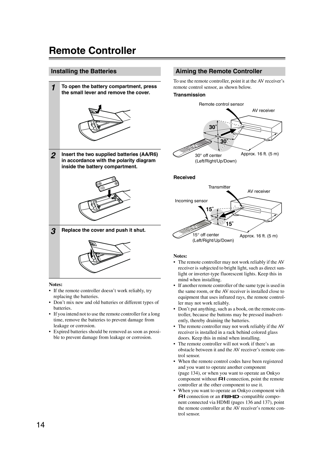 Onkyo TX-NR1007 instruction manual Installing the Batteries, Aiming the Remote Controller, Notes 