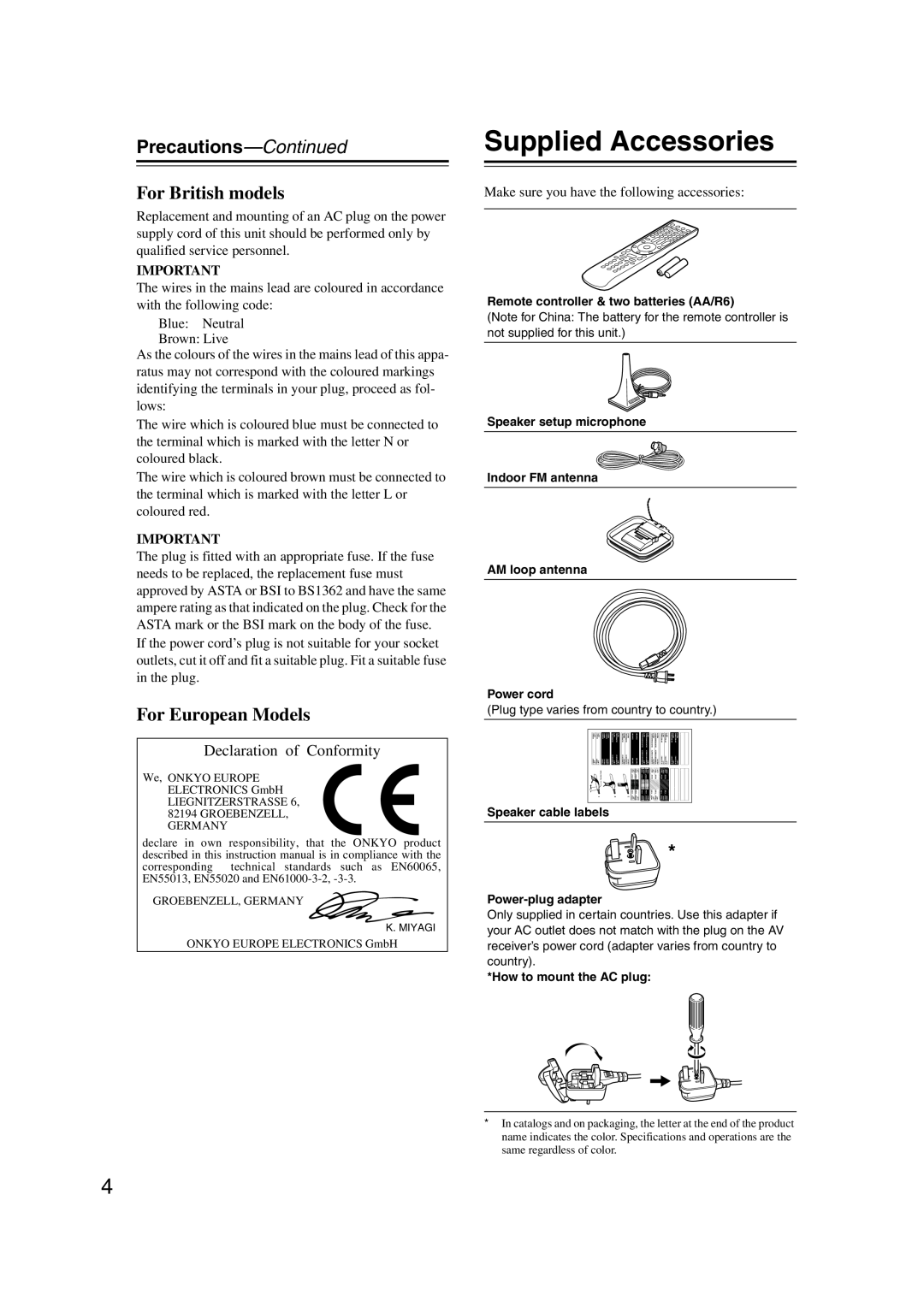 Onkyo TX-NR1007 instruction manual Supplied Accessories, Precautions—Continued, For British models, For European Models 