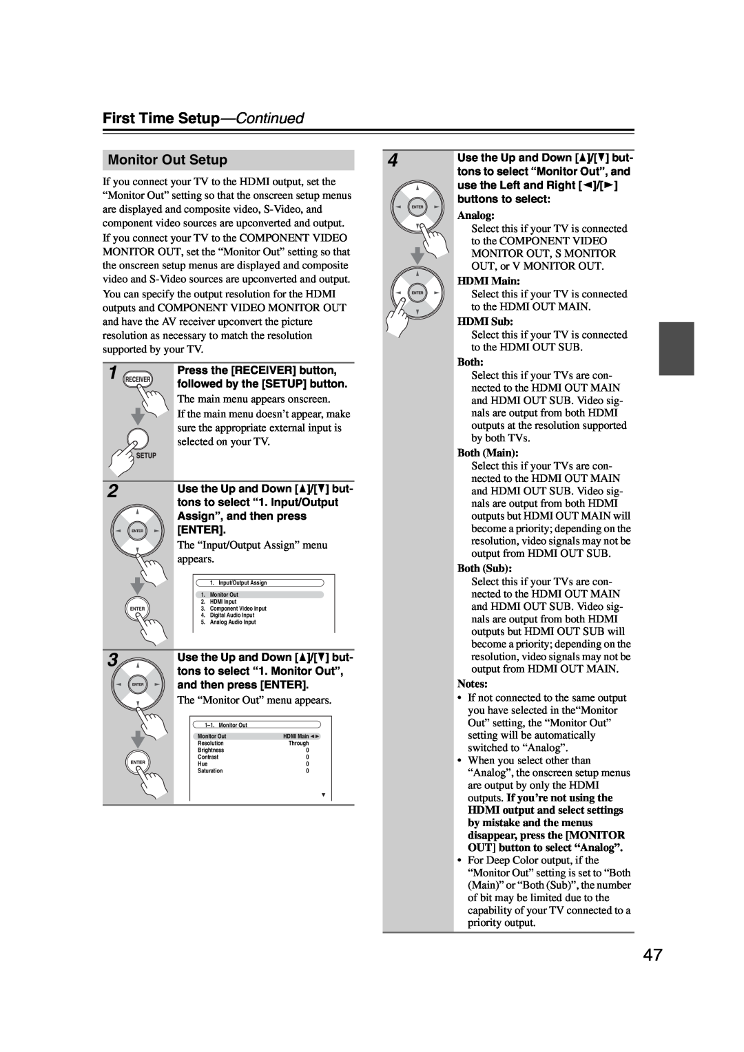 Onkyo TX-NR1007 instruction manual Monitor Out Setup, Analog, HDMI Main, HDMI Sub, Both Main, Both Sub, Notes 