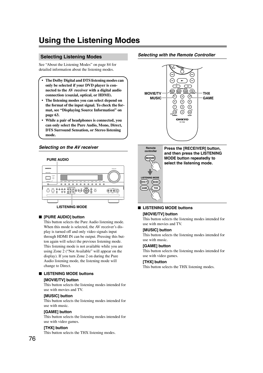 Onkyo TX-NR1007 instruction manual Using the Listening Modes, Selecting Listening Modes, Selecting on the AV receiver 