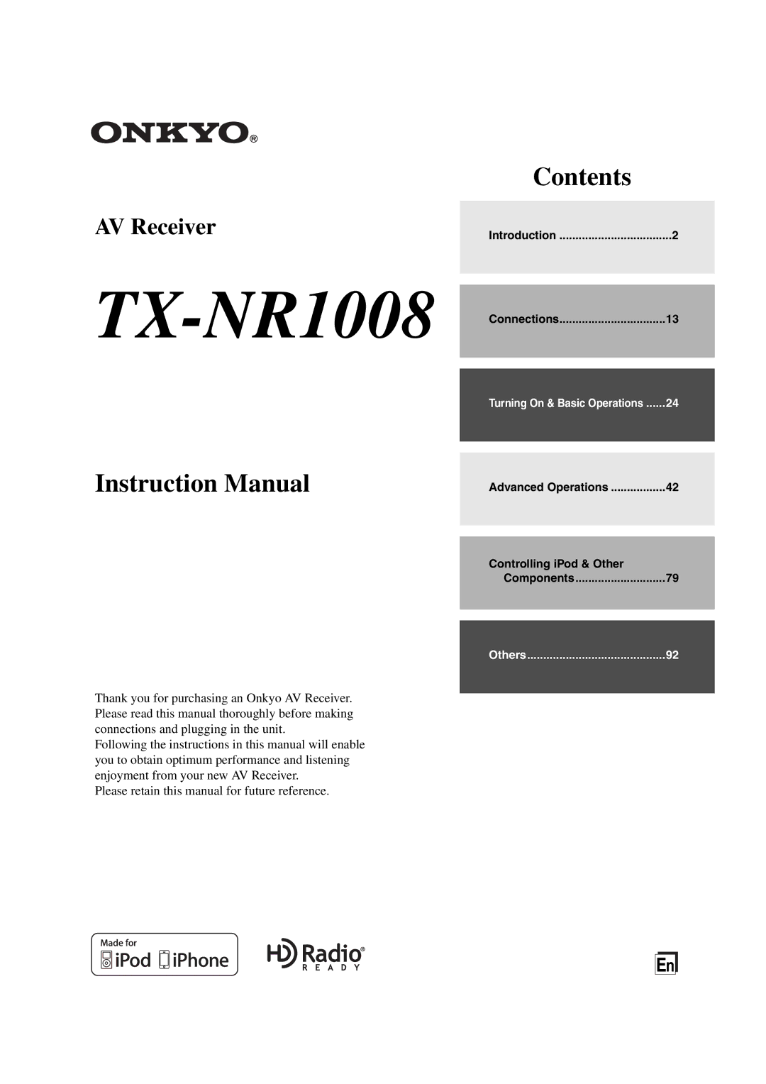 Onkyo TX-NR1008 instruction manual Introduction Connections, Advanced Operations Controlling iPod & Other Components 