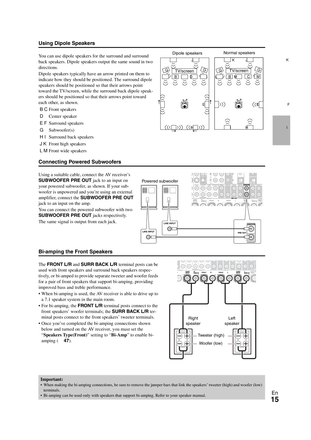 Onkyo TX-NR1008 instruction manual Using Dipole Speakers, Connecting Powered Subwoofers, Bi-amping the Front Speakers 