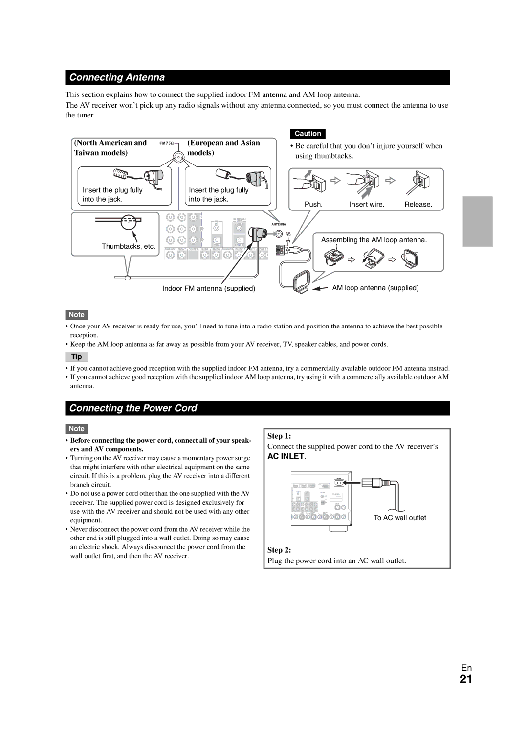 Onkyo TX-NR1008 Connecting Antenna, Connecting the Power Cord, North American European and Asian Taiwan models Models 