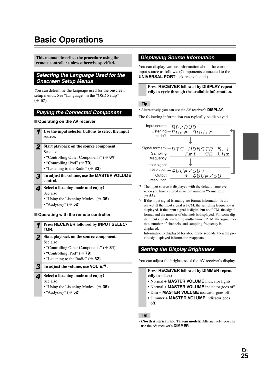 Onkyo TX-NR1008 Basic Operations, Selecting the Language Used for the Onscreen Setup Menus, Displaying Source Information 